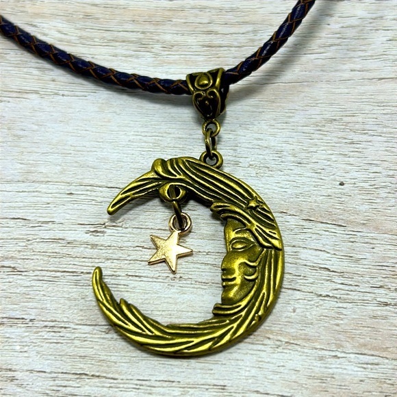 Handmade Antique Bronze Moon & Star Necklace with Real Braided Leather Cord! - Picture 4 of 6